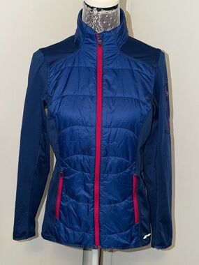 Eddie Bauer Hybrid Jacket Women’s M Blue Packable Hood Active Outdoor